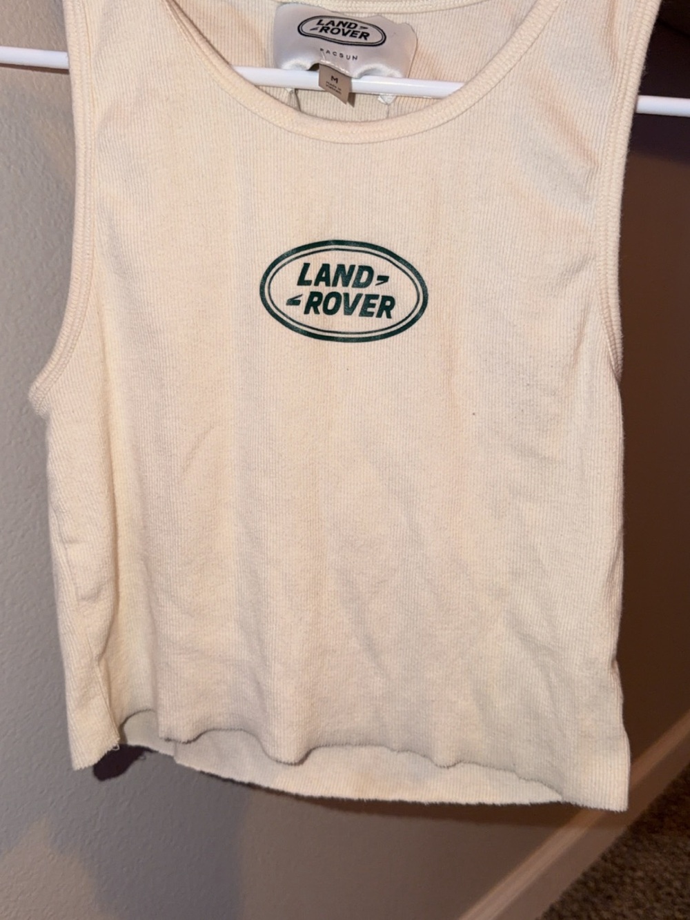 PacSun Cream Ribbed Tank with Green Land Rover Logo